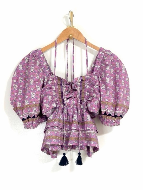 Sea New York Tops - Sea New York Perry Lavender Floral Puff Sleeve Cut Out Crop Top Blouse Tassels